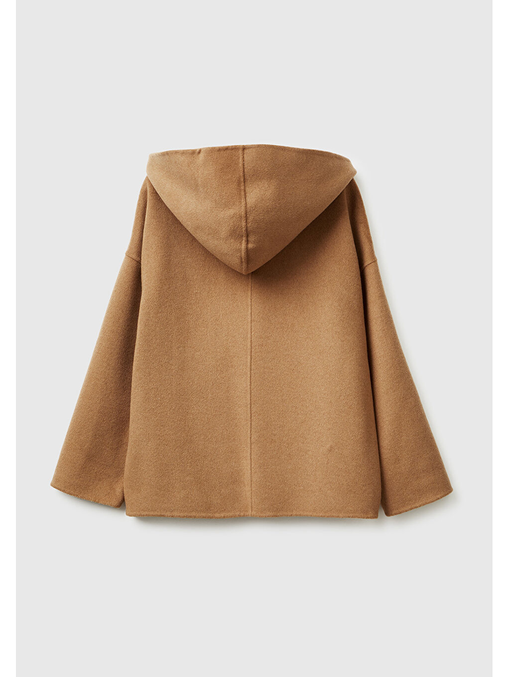 Kadın Açık Kahverengi Yün ve Viskoz Karışımlı Çift Taraflı Cepli Kapüşonlu Palto-3