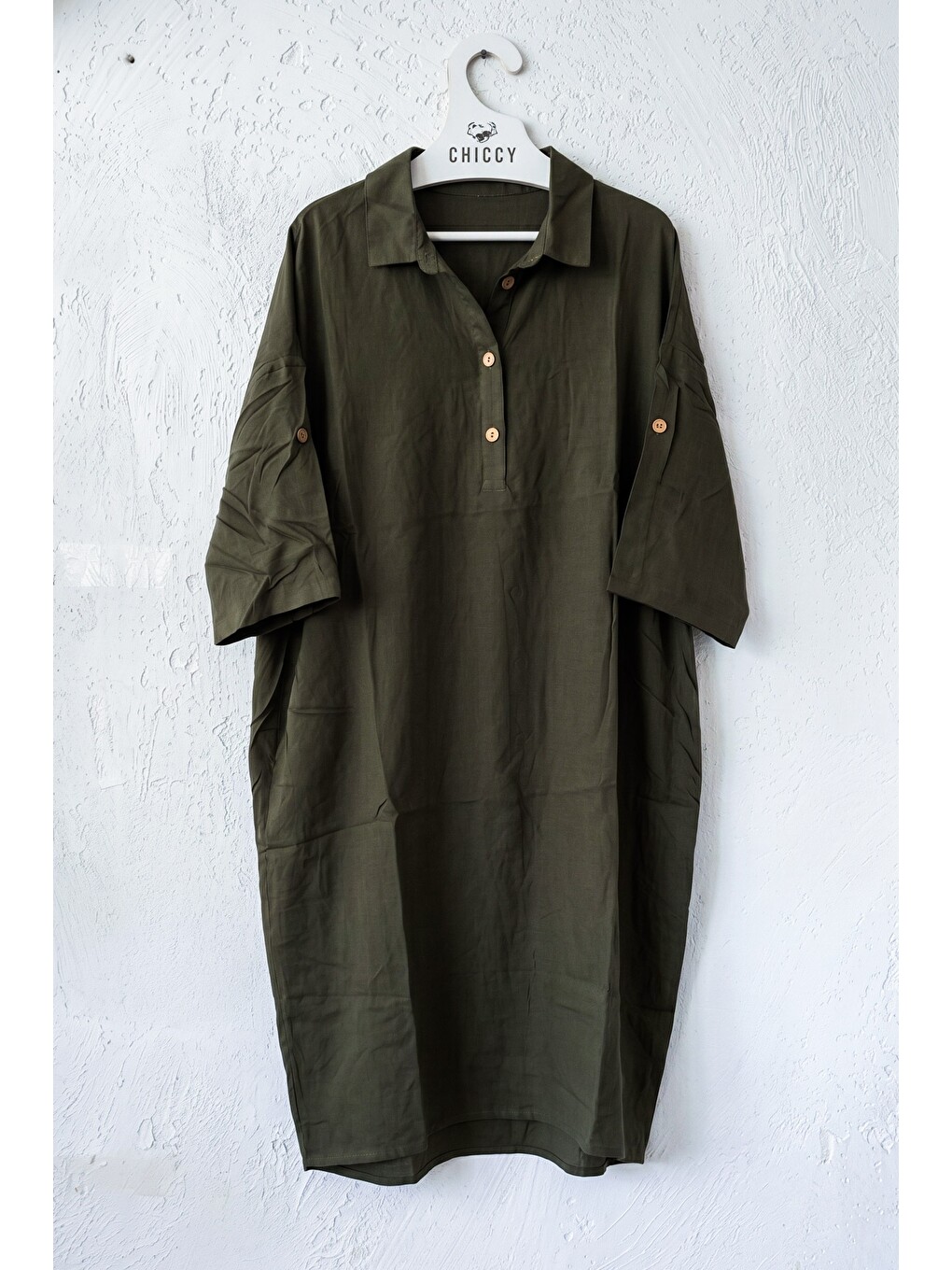 Koyu Haki Gömlek Yaka Düğmeli 3/4 Kol Gizli Cepli Casual Oversize Dokuma Elbise 115 70-1