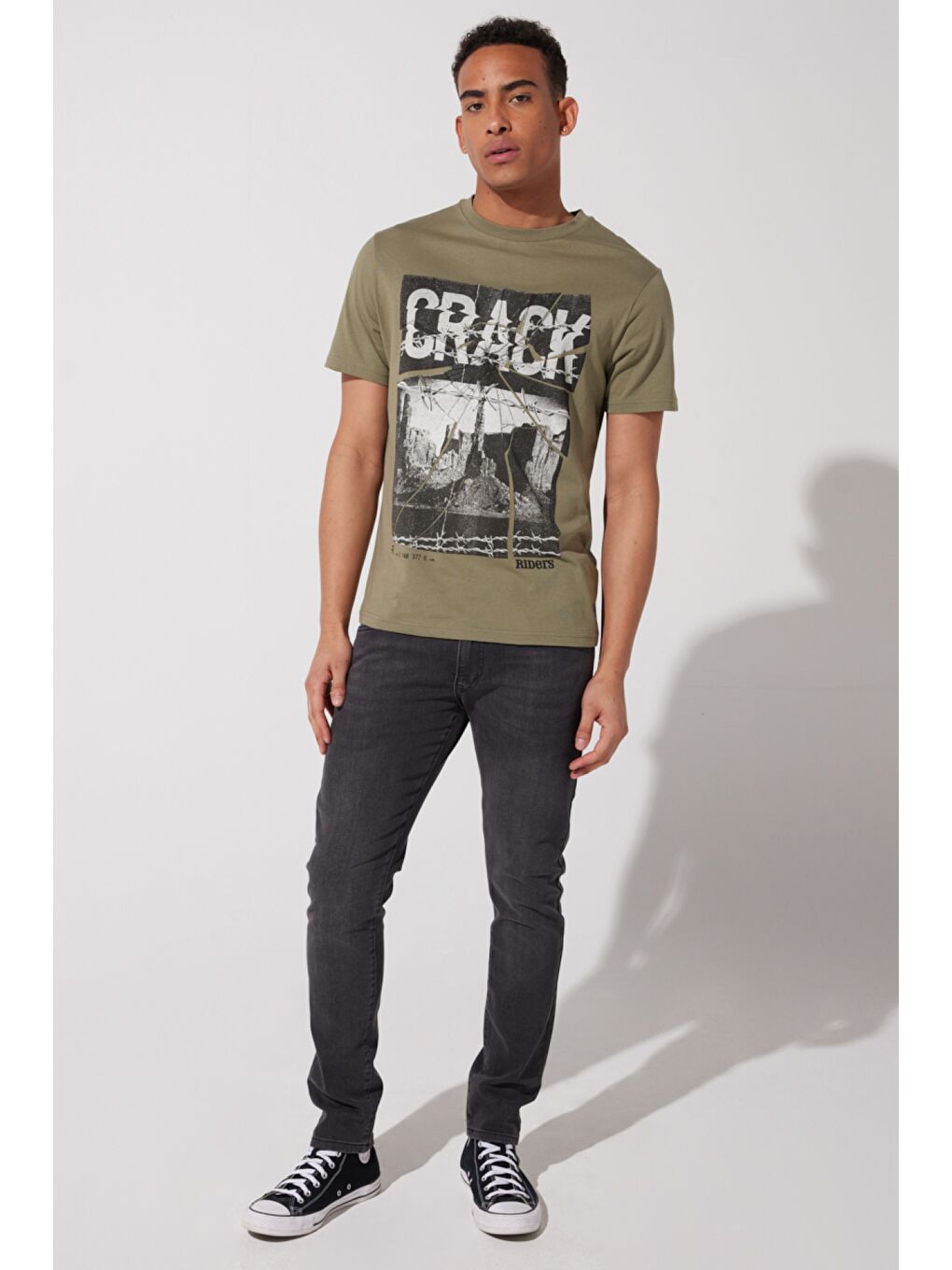 Loose Fit %100 Pamuk Bisiklet Yaka Haki Tişört-2