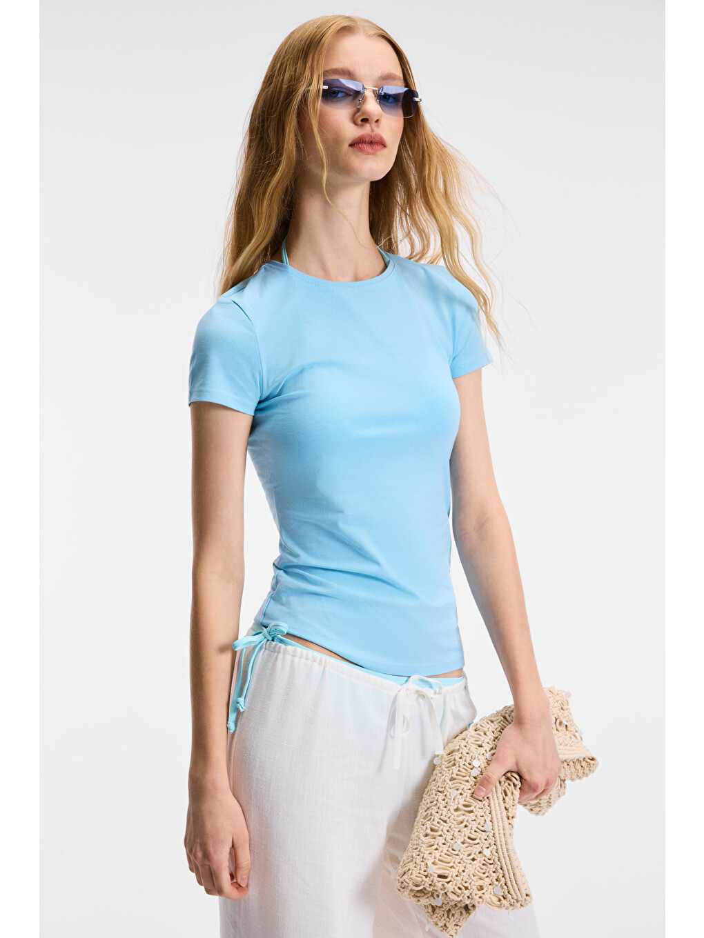 Tarelıa Kadın Bisiklet Yaka Kısa Kollu Slim Mavi T-shirt-1