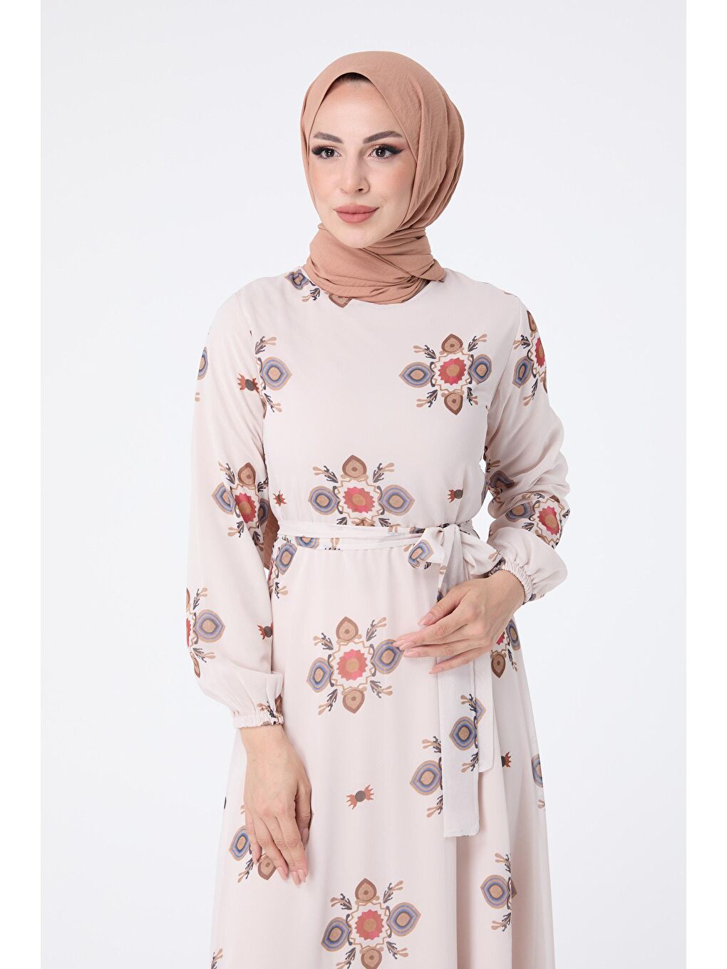 Bisiklet Yaka Kadın Ekru Elbise - 10352-5