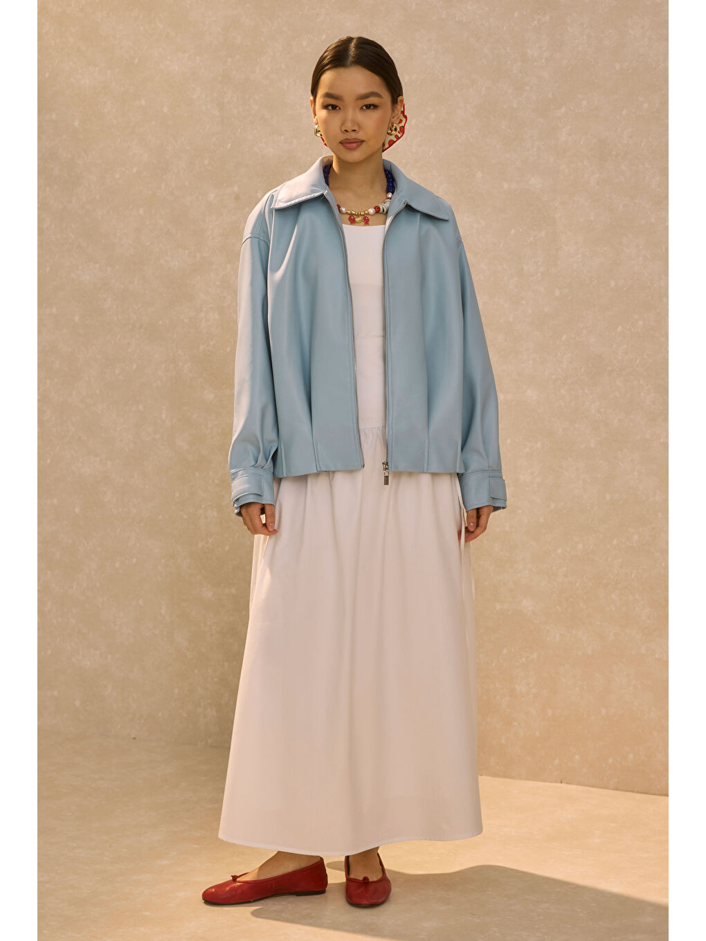 Pile Detaylı Deri Ceket Bebe Mavi