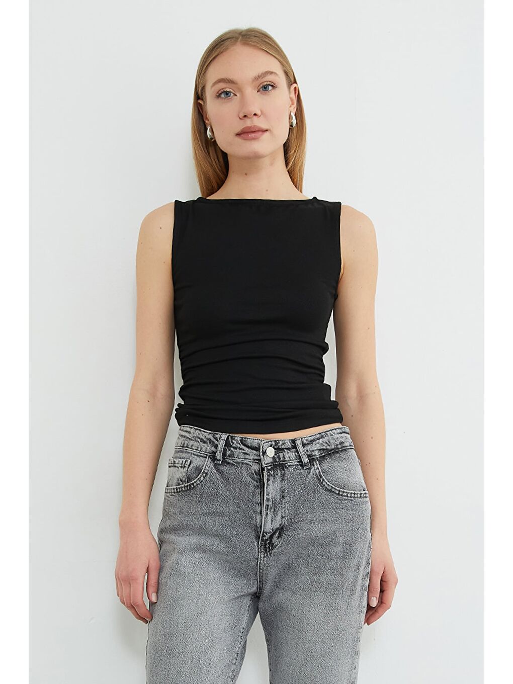 Siyah Yanları Drapeli Kayık Yaka Bluz-2