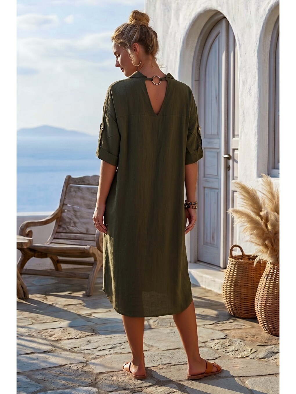 Koyu Haki Gömlek Yaka Düğmeli 3/4 Kol Gizli Cepli Casual Oversize Dokuma Elbise 115 70-2