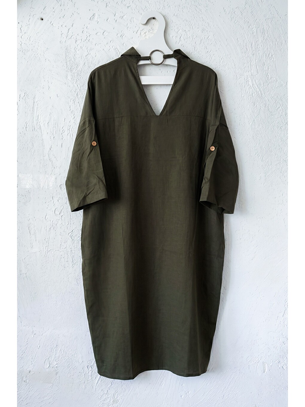Koyu Haki Gömlek Yaka Düğmeli 3/4 Kol Gizli Cepli Casual Oversize Dokuma Elbise 115 70-3
