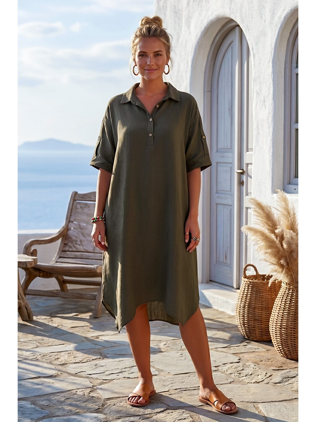 Koyu Haki Gömlek Yaka Düğmeli 3/4 Kol Gizli Cepli Casual Oversize Dokuma Elbise 115 70-4
