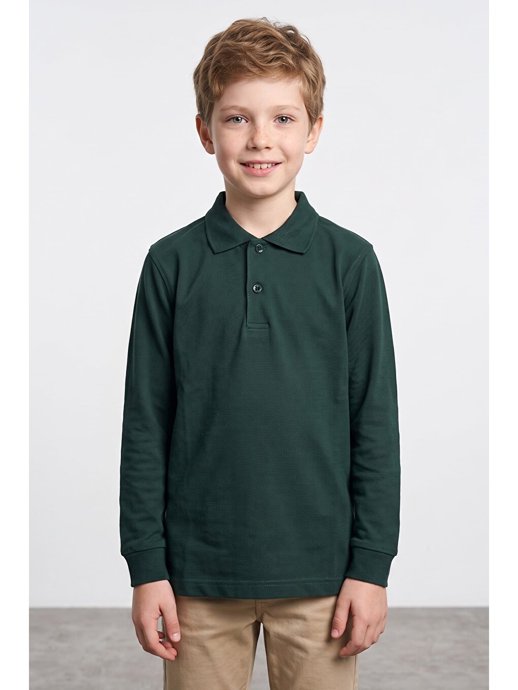 Yeşil Basic Polo Yaka Uzun Kollu Unisex Çocuk Sweatshirt-1