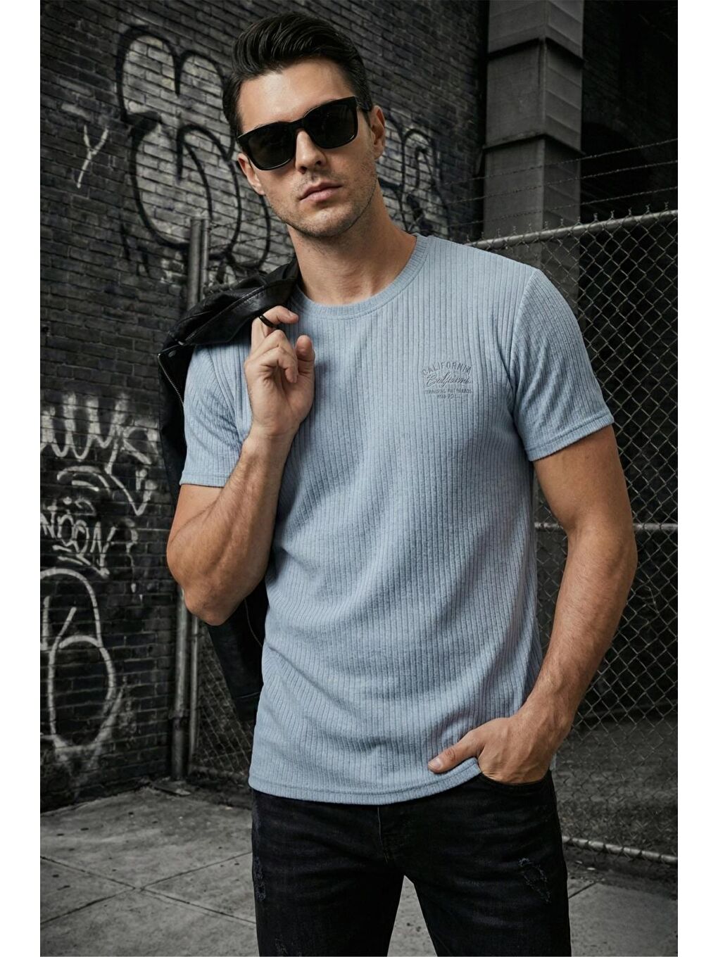 Mavi Ftx California Flok Baskı Detaylı Premium Fitilli Kumaş Erkek T-Shirt