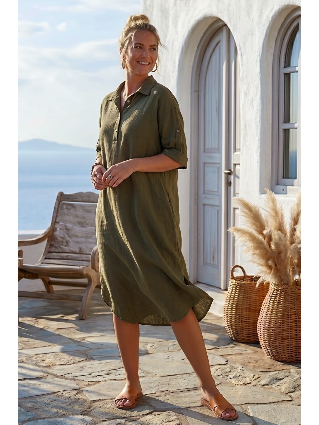 Koyu Haki Gömlek Yaka Düğmeli 3/4 Kol Gizli Cepli Casual Oversize Dokuma Elbise 115 70-5