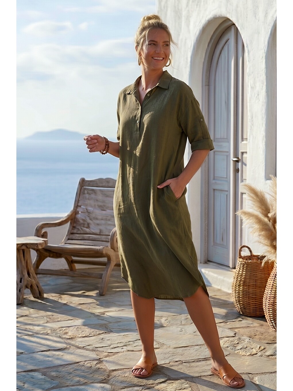 Koyu Haki Gömlek Yaka Düğmeli 3/4 Kol Gizli Cepli Casual Oversize Dokuma Elbise 115 70-6
