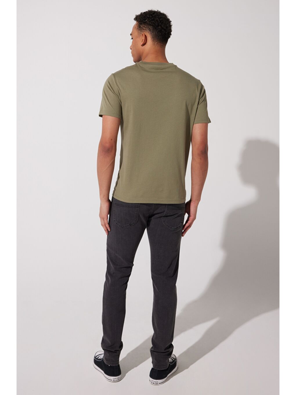 Loose Fit %100 Pamuk Bisiklet Yaka Haki Tişört-4