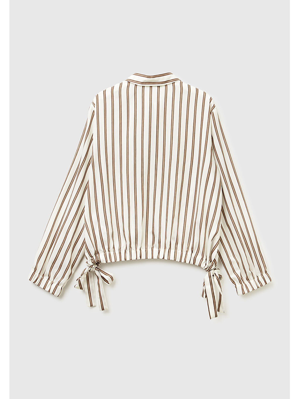 Kadın Bej Viskoz Karışımlı Çizgili Altı Lastikli Relaxed Fit Gömlek-3