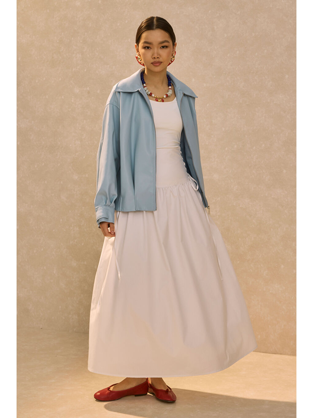 Pile Detaylı Deri Ceket Bebe Mavi-1