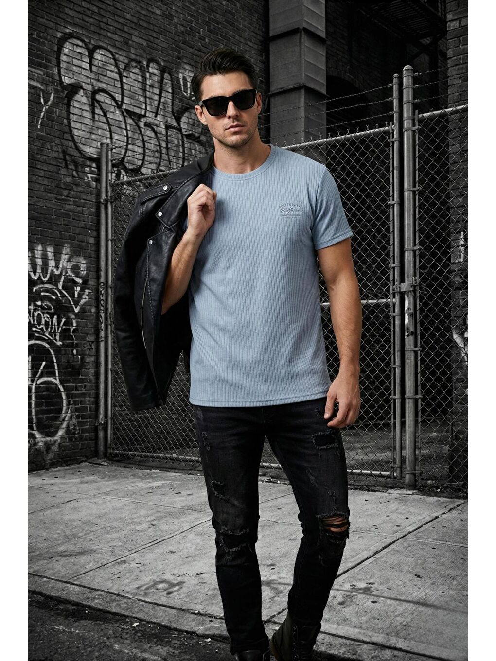 Mavi Ftx California Flok Baskı Detaylı Premium Fitilli Kumaş Erkek T-Shirt-1