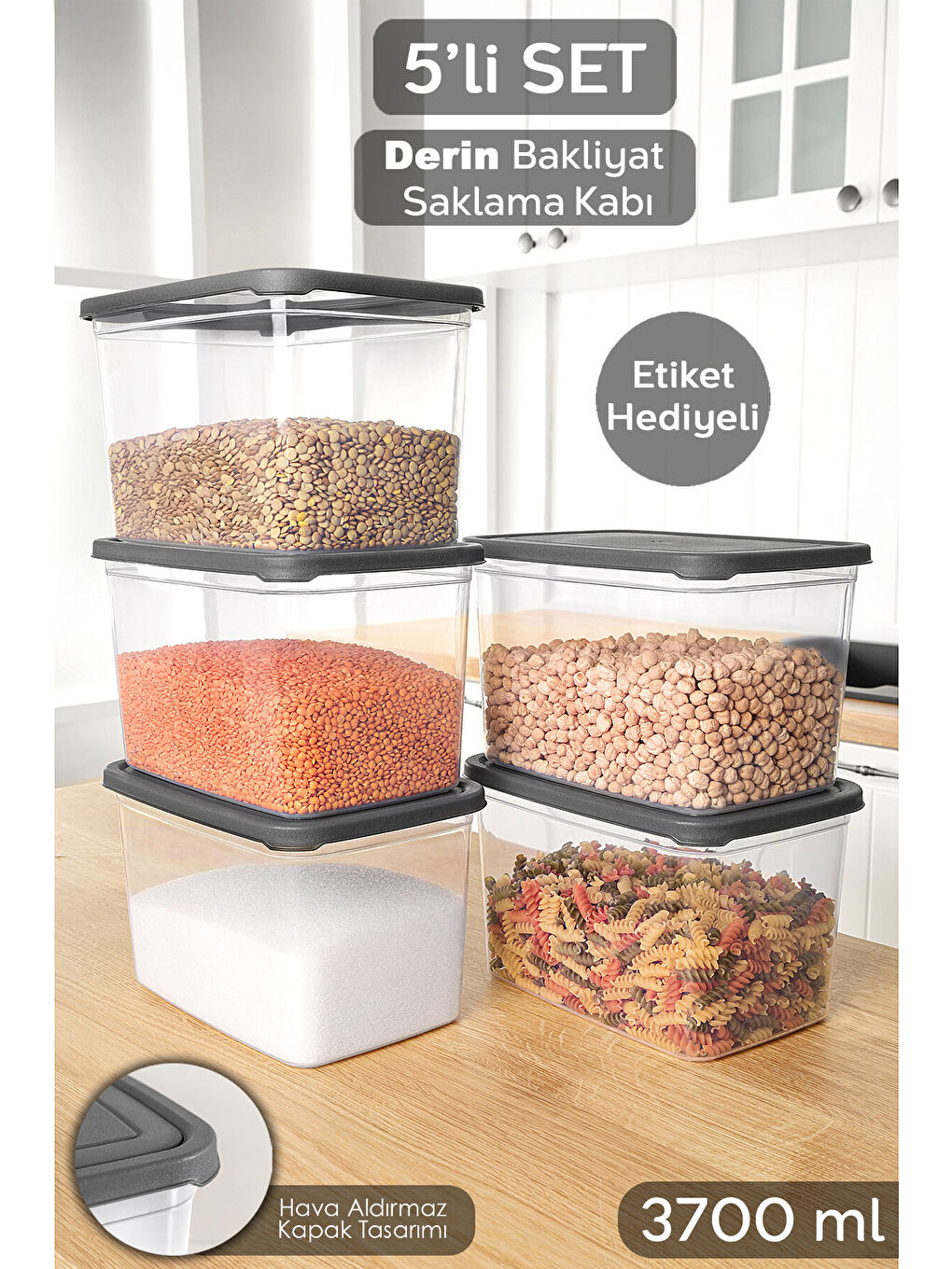 Renksiz 5 Adet Erzak Saklama Kabı 3700 ml