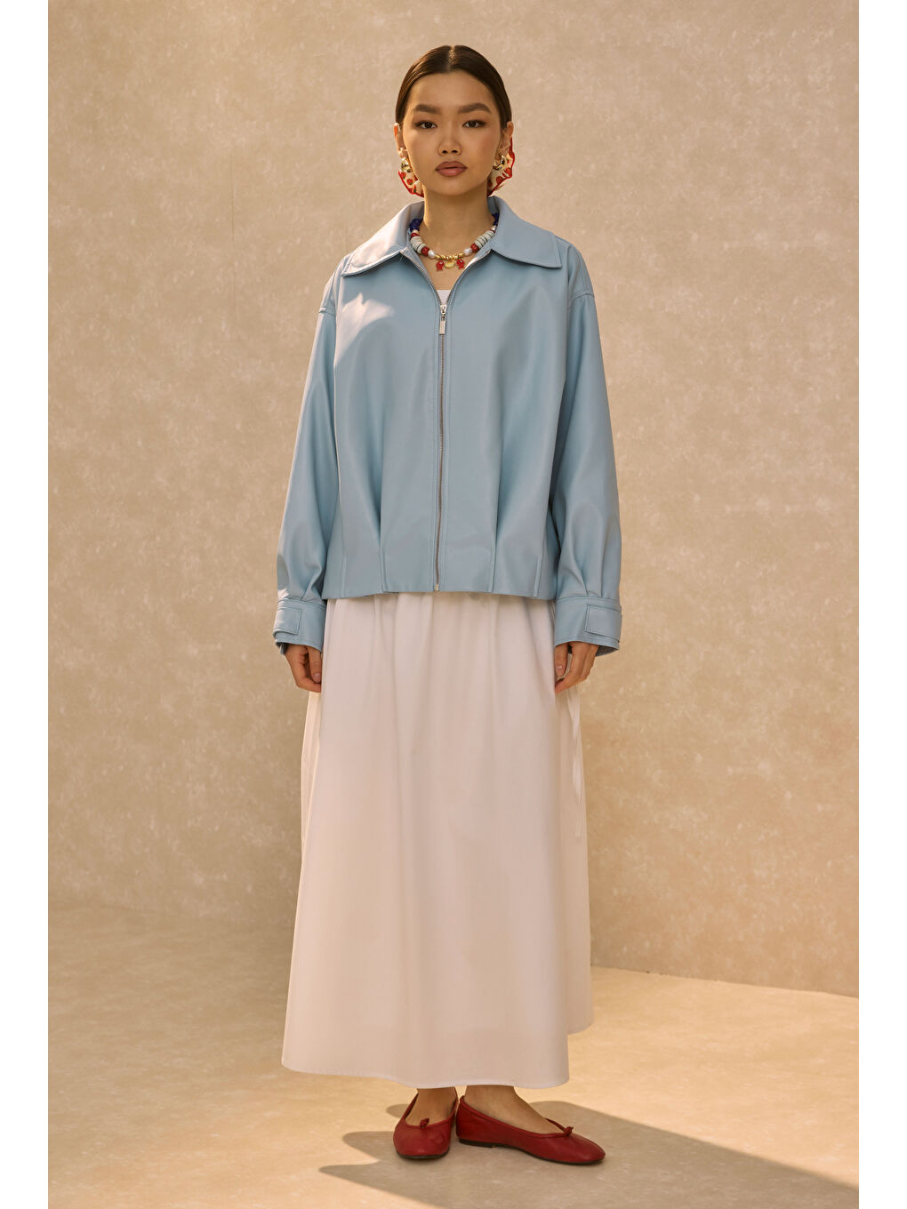 Pile Detaylı Deri Ceket Bebe Mavi-2