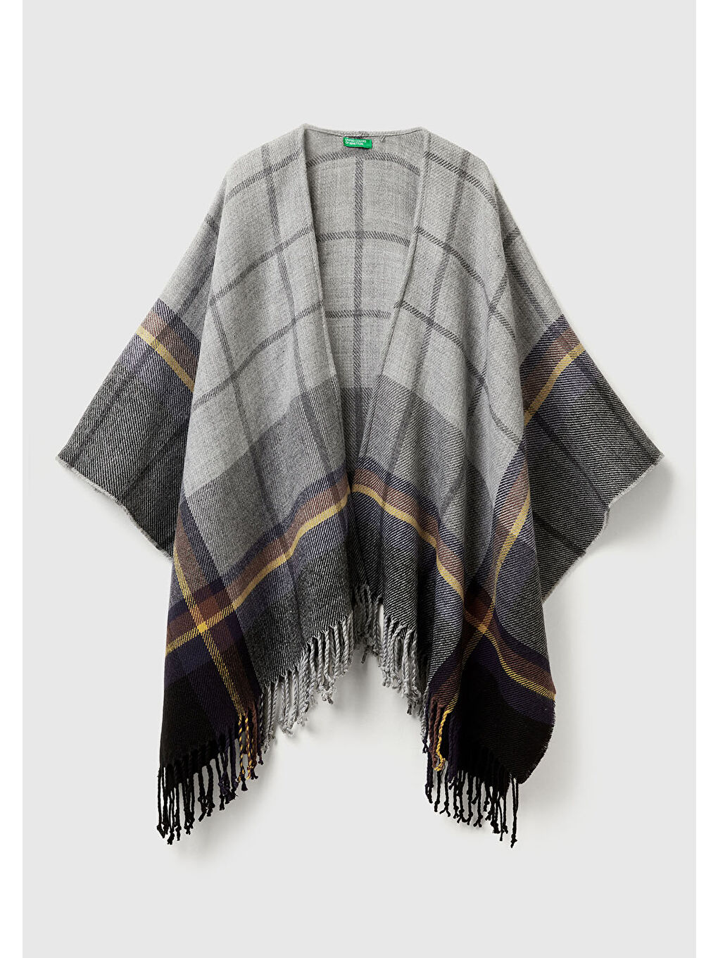 Kadın Antrasit Desenli Ekose Desenli Jakarlı Püskül Detaylı Panço-1