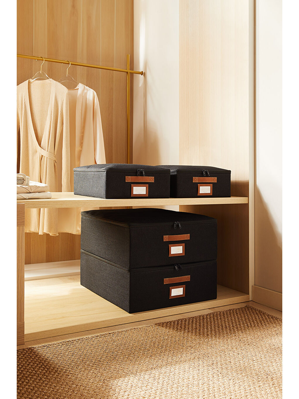 4'lü Siyah Renk Jüt Destekli Kutu Hurç Set 2 Adet 31 x 38 x 12 + 45 x 55 x 18 cm