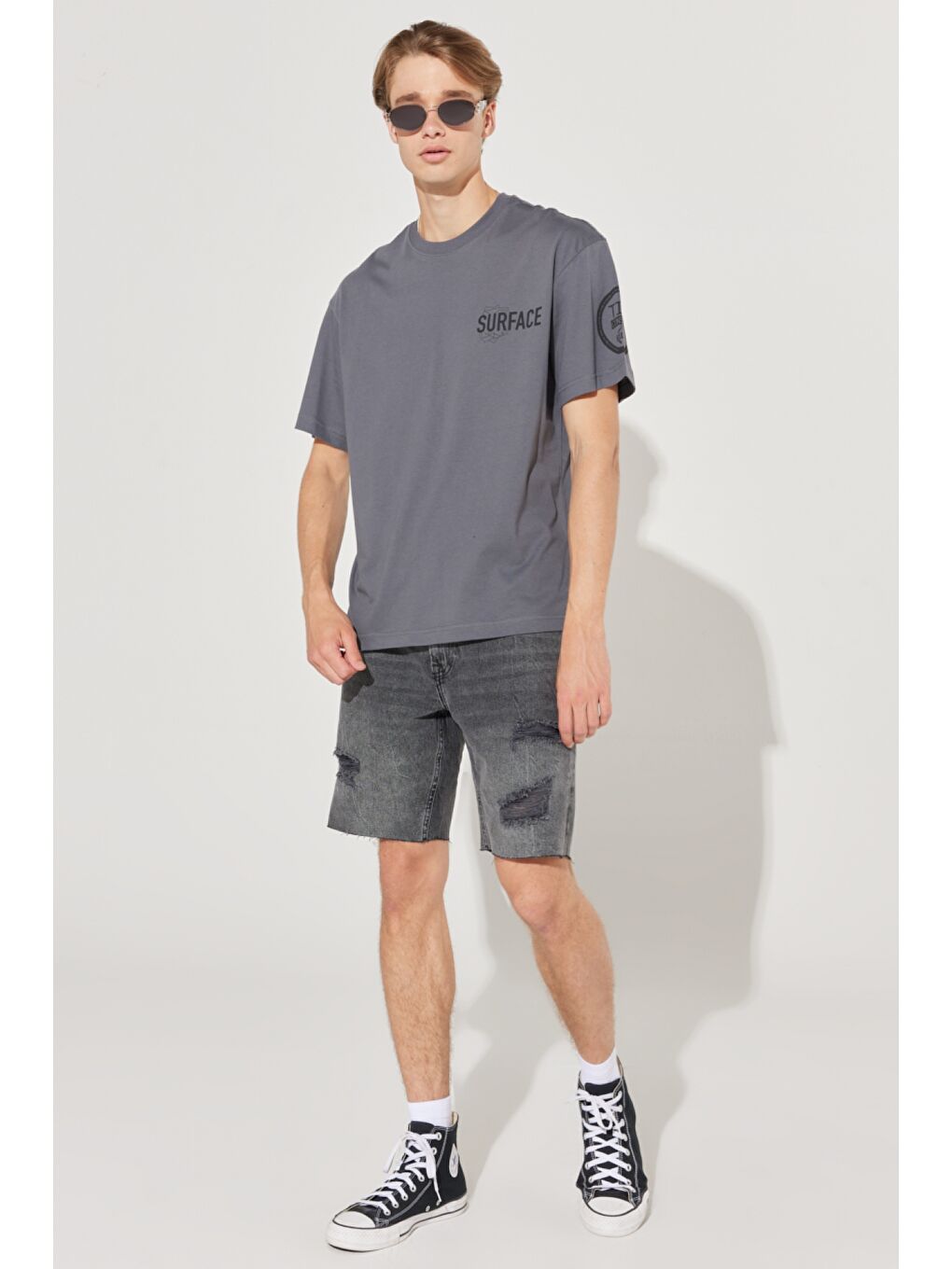 Loose Fit Rahat Kesim %100 Pamuk Bisiklet Yaka Antrasit Tişört-4