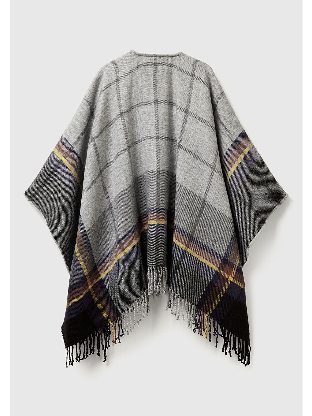 Kadın Antrasit Desenli Ekose Desenli Jakarlı Püskül Detaylı Panço-3