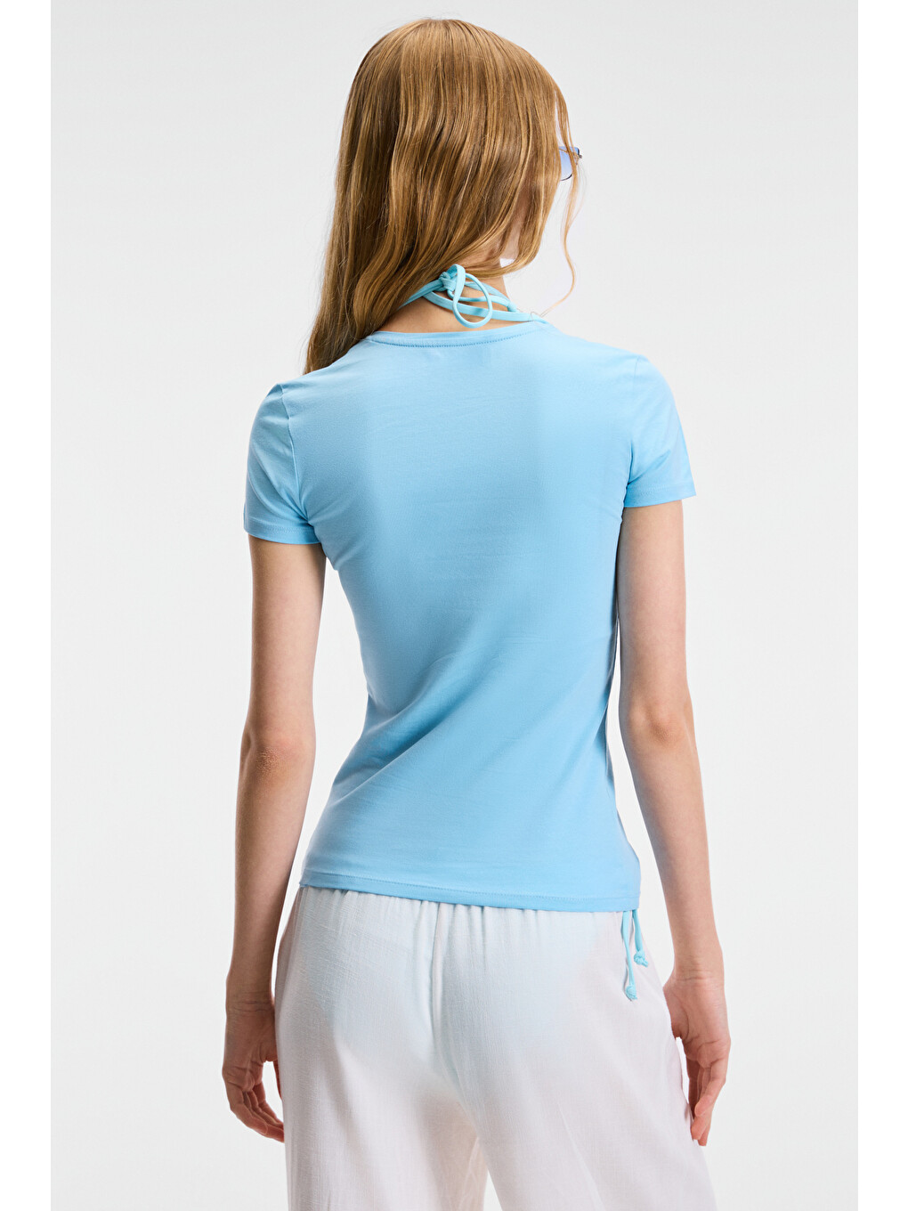 Tarelıa Kadın Bisiklet Yaka Kısa Kollu Slim Mavi T-shirt-4