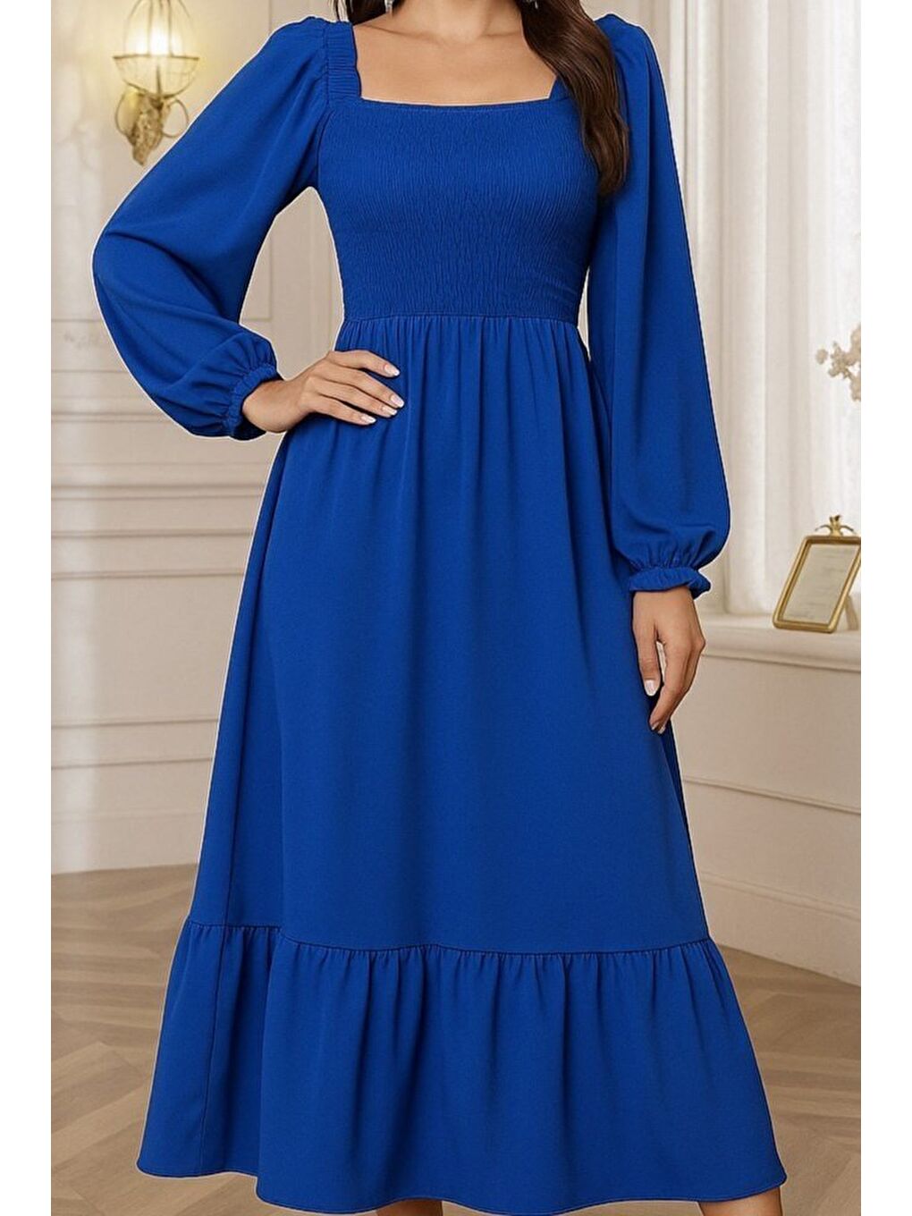 Mavi Kadın Uzun Kollu Kare Yakalı Gipeli Uzun Trikoton Elbise-1