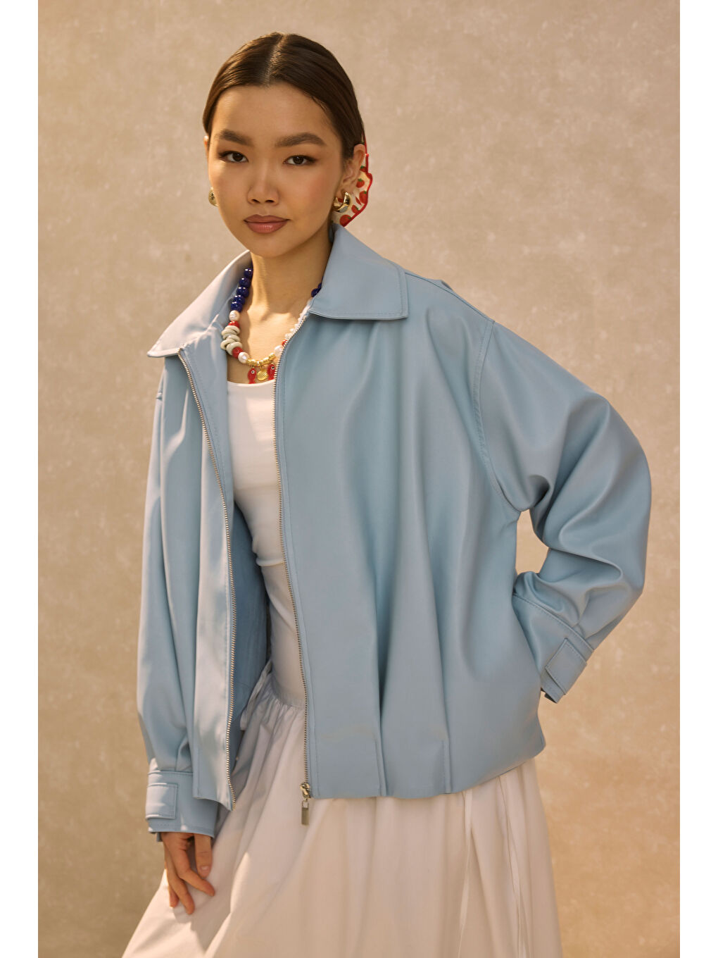 Pile Detaylı Deri Ceket Bebe Mavi-4