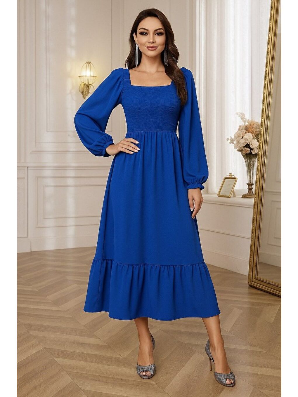 Mavi Kadın Uzun Kollu Kare Yakalı Gipeli Uzun Trikoton Elbise-2