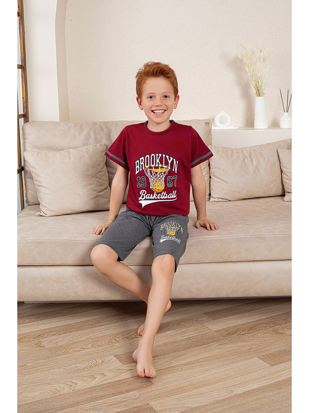 Bordo Erkek Çocuk %100 Doğal Pamuk Kısa Kollu  Kaprili Pijama Takımı