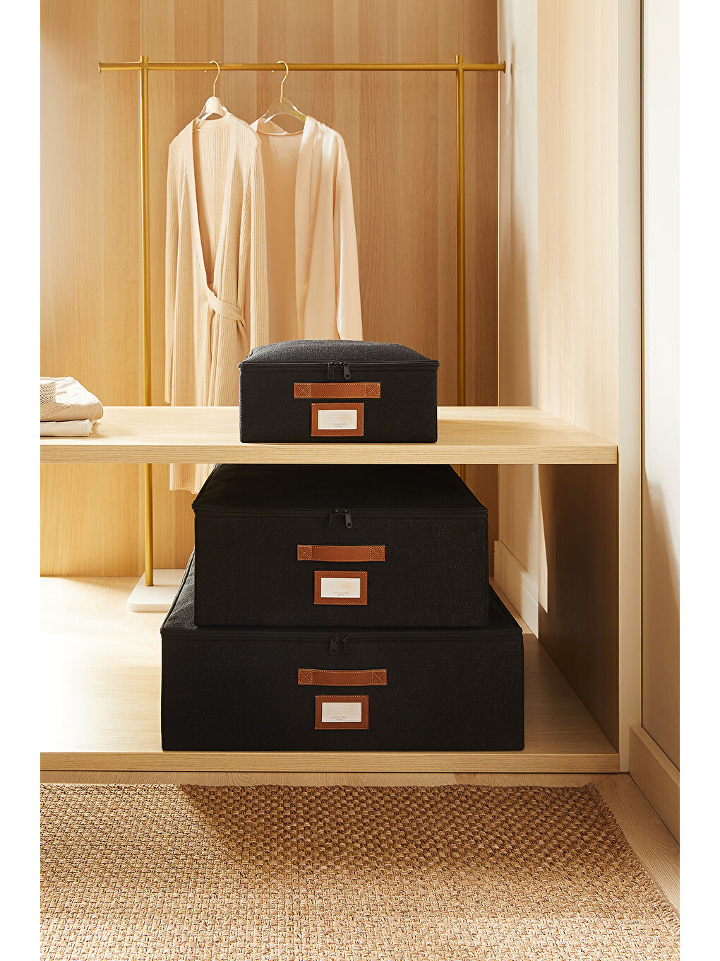 3'lü Siyah Renk Jüt Destekli Kutu Hurç Set 31 x 38 x 12 + 45 x 55 x 18 + 55 x 70 x 18 cm-1