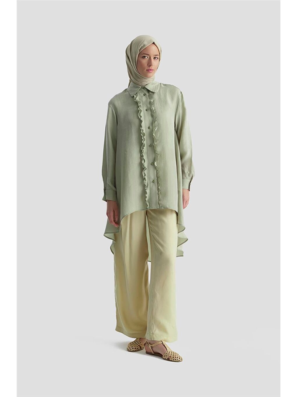 Asimetrik Cupra Tunik 25Y4624 Puslu Yeşil-2