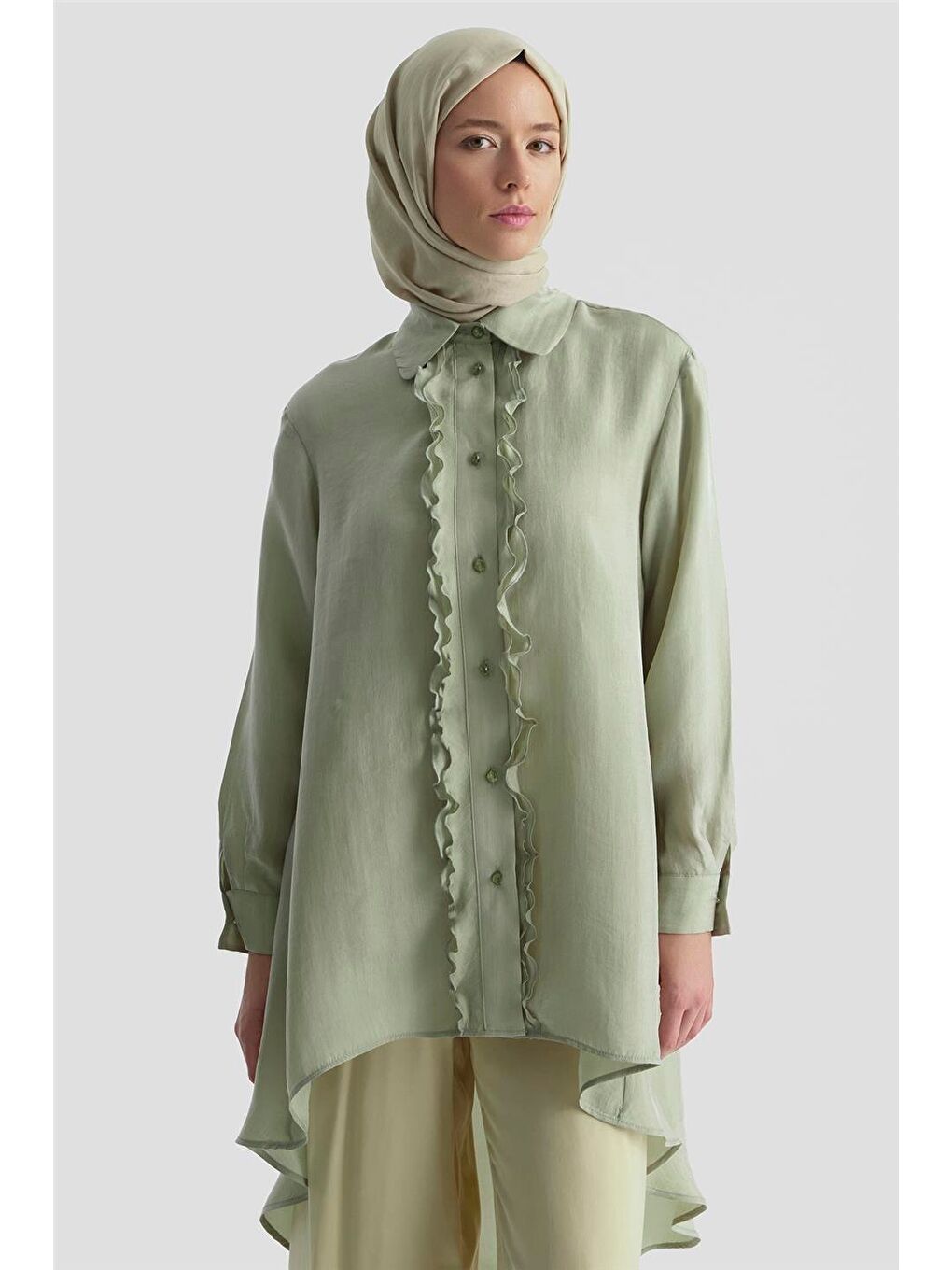 Asimetrik Cupra Tunik 25Y4624 Puslu Yeşil-3