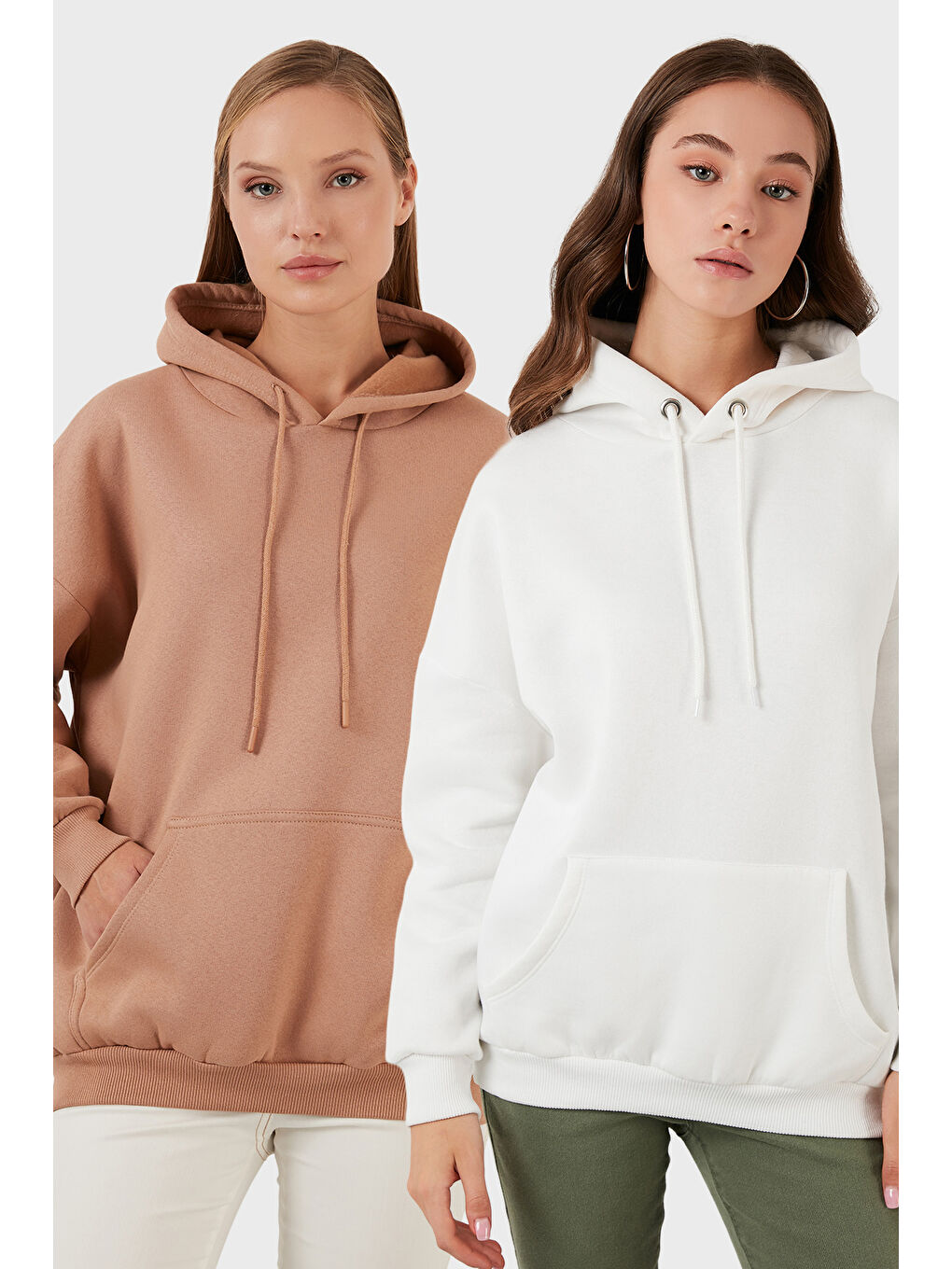 Ekru Regular Fit Pamuklu Kapüşonlu Yaka Şardonlu Kışlık 2'li Paket Sweat 5863854S2