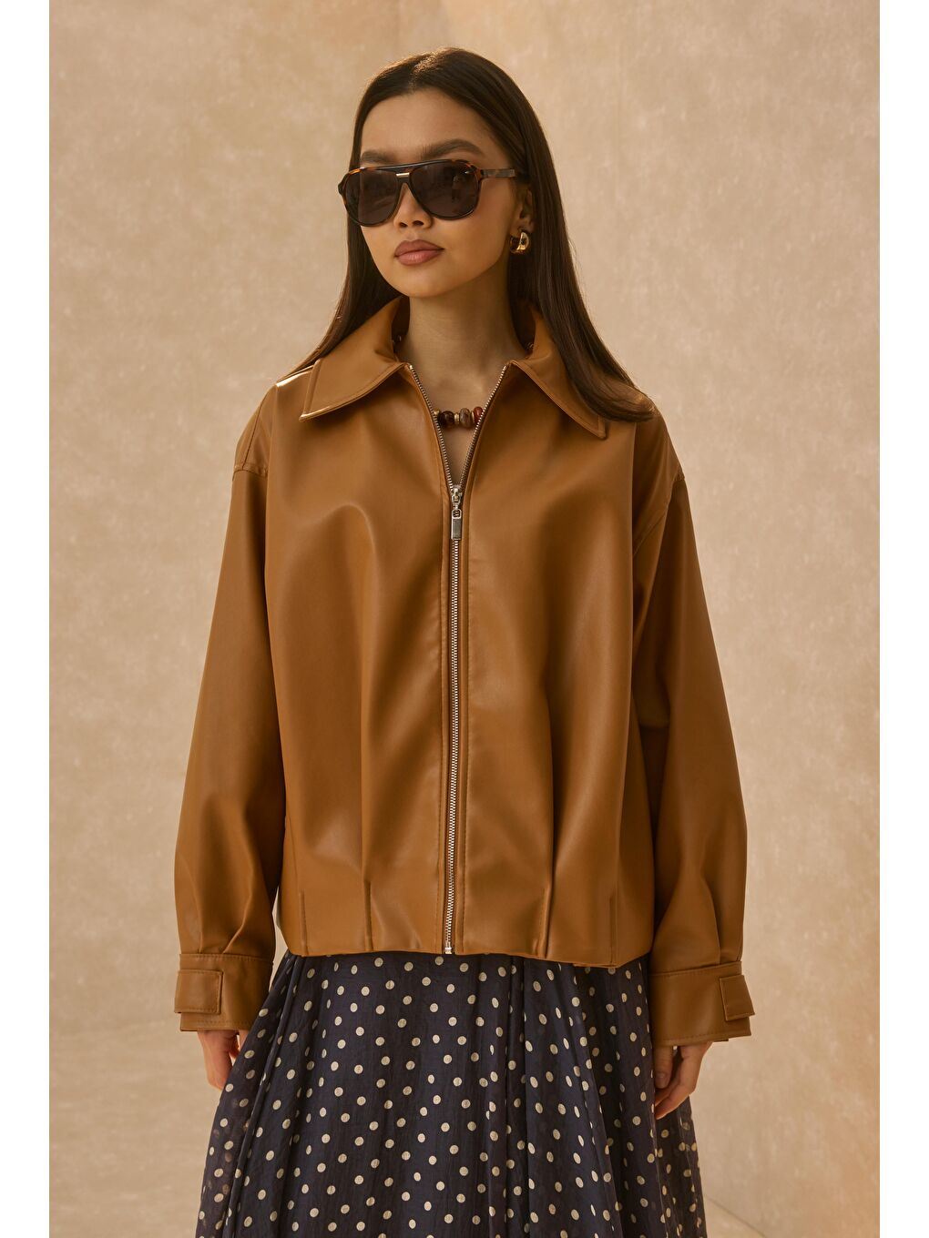 Kahverengi Pile Detaylı Deri Ceket Taba-1