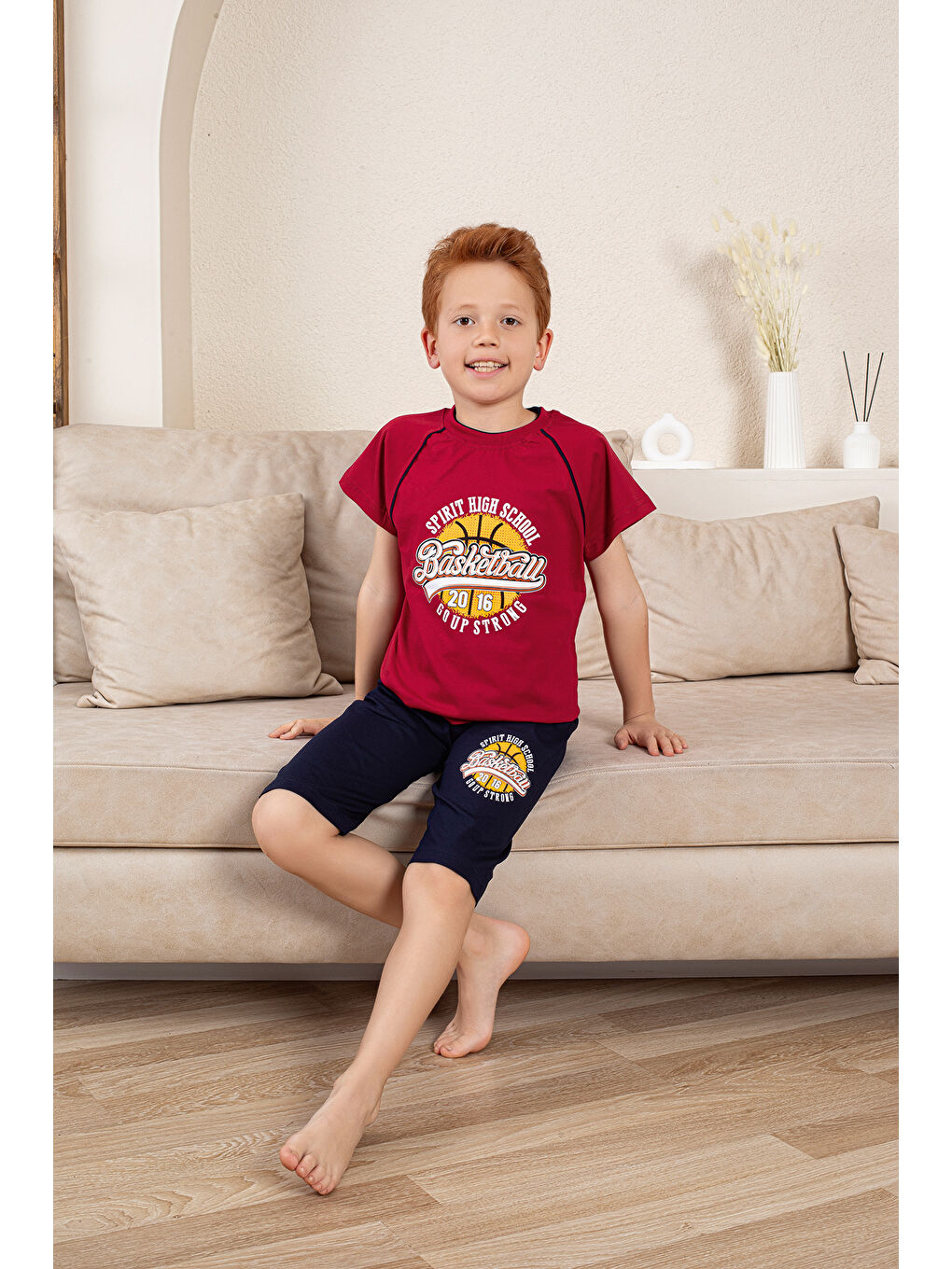 Bordo Erkek Çocuk %100 Doğal Pamuk Kısa Kollu  Kaprili Pijama Takımı