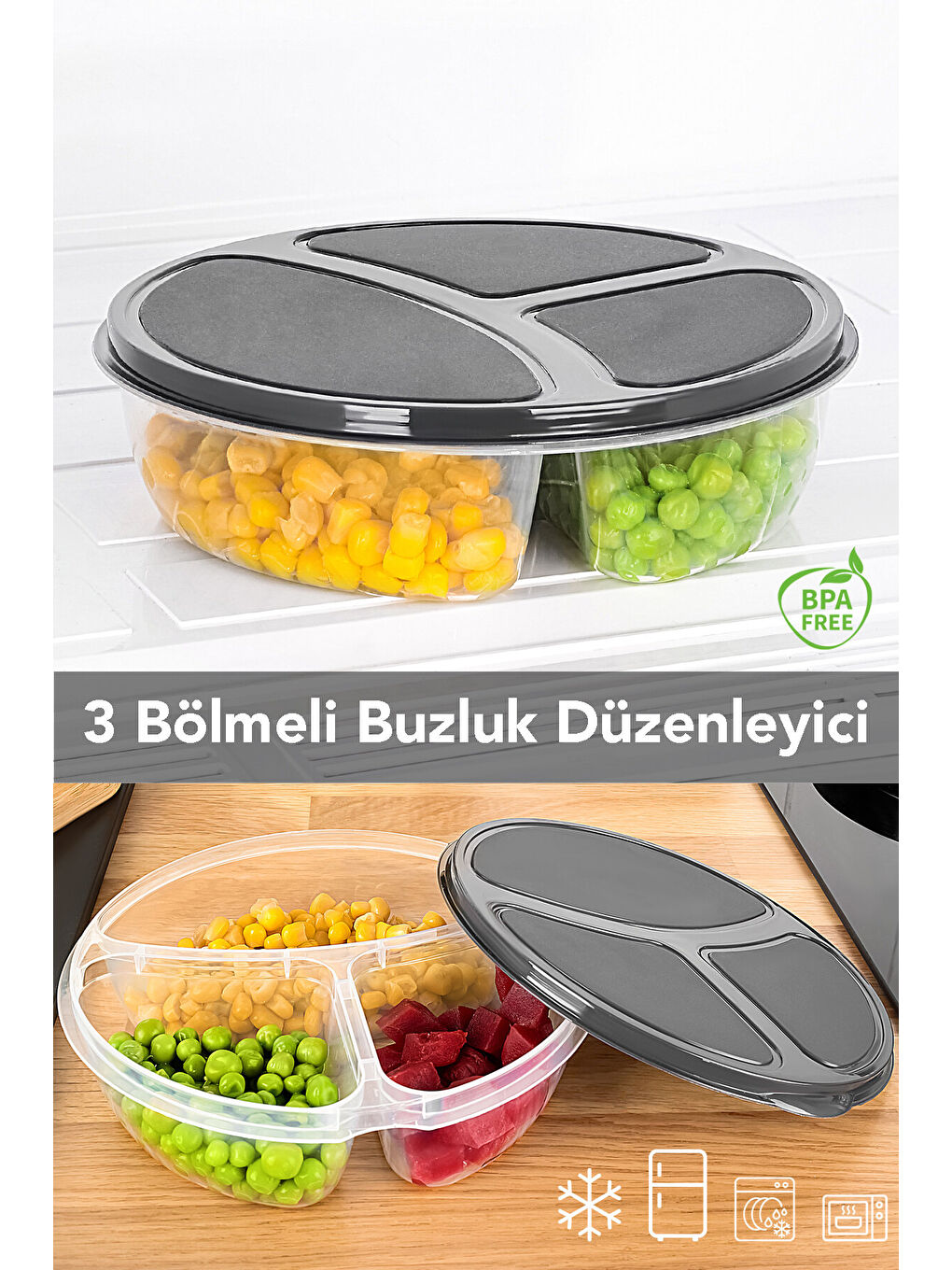 Gri 1 Adet Yuvarlak 3 Bölmeli Saklama Kabı