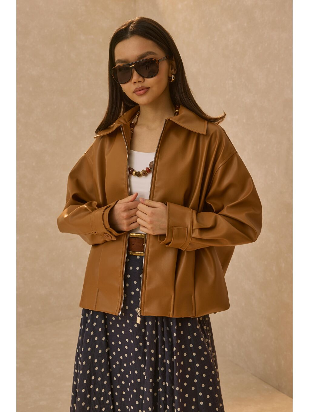 Kahverengi Pile Detaylı Deri Ceket Taba-2