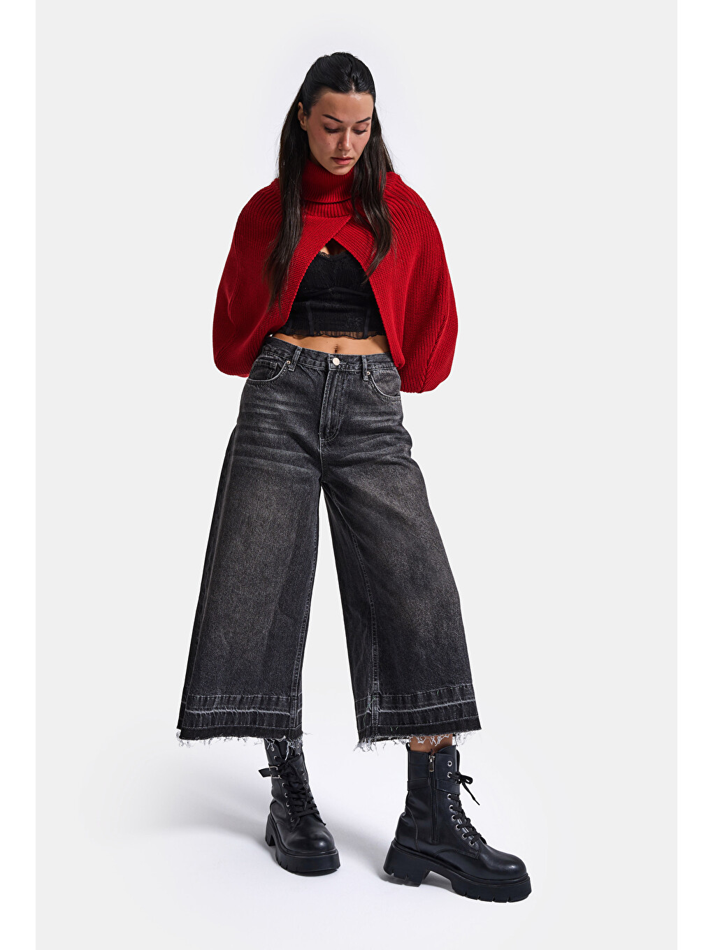 Gri Kadın Füme 4w6-13 Culotte Fit Kiraz Nakış Detaylı Tasarım Denim Jean-5