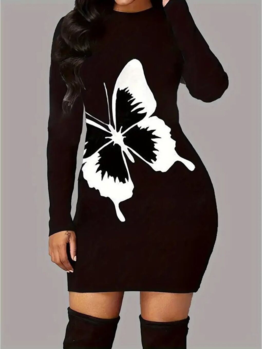 Siyah Kadın Uzun Kollu Bisiklet Yaka Kelebek Desenli Kısa Viskon Iki Iplik Elbise