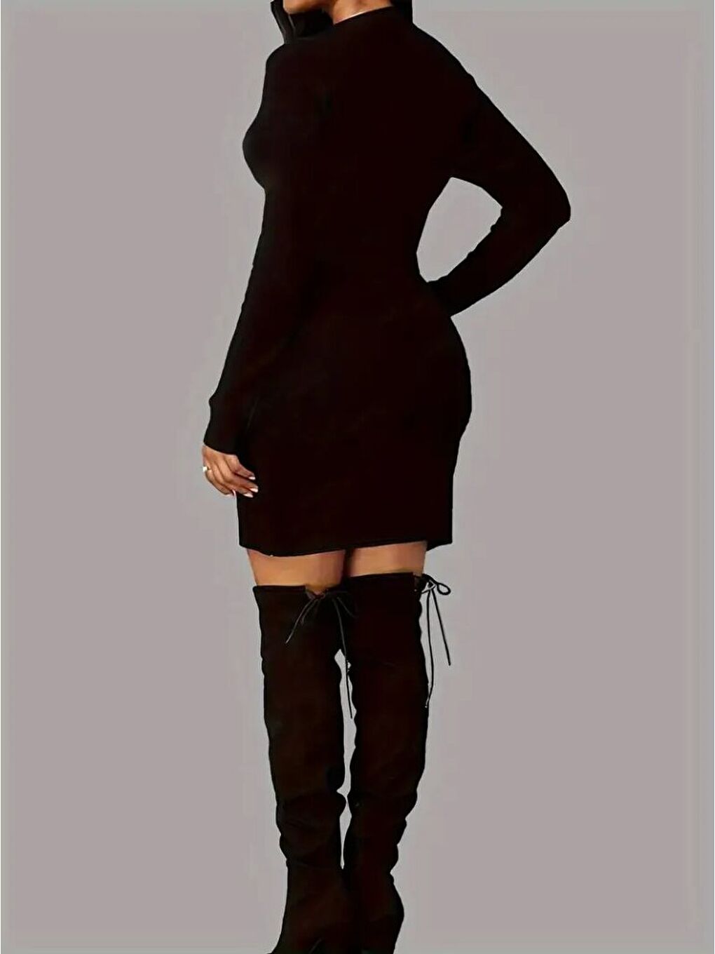 Siyah Kadın Uzun Kollu Bisiklet Yaka Kelebek Desenli Kısa Viskon Iki Iplik Elbise-1