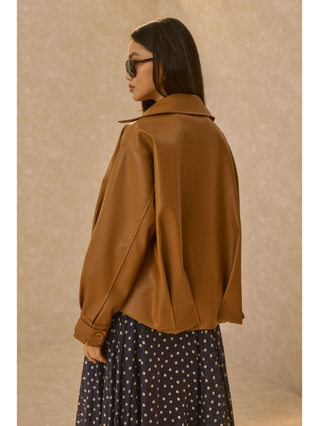 Kahverengi Pile Detaylı Deri Ceket Taba-4