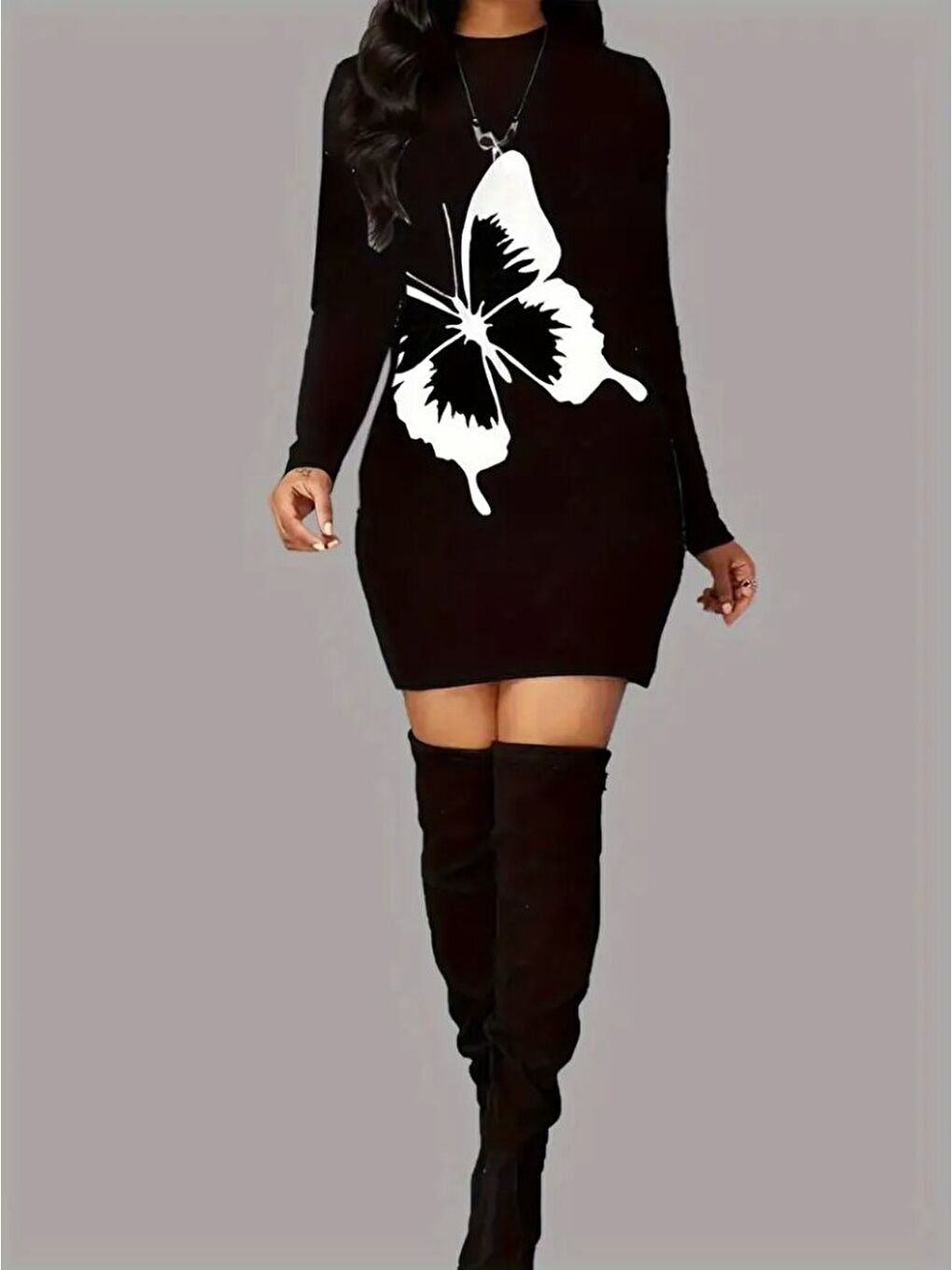 Siyah Kadın Uzun Kollu Bisiklet Yaka Kelebek Desenli Kısa Viskon Iki Iplik Elbise-2