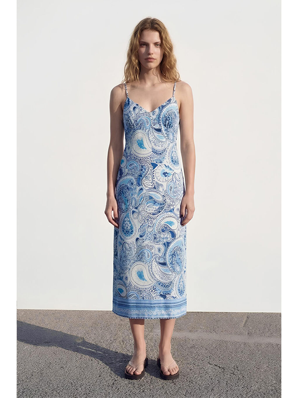 Düğümlü Şal Desenliı Midi Elbise Mavi-1