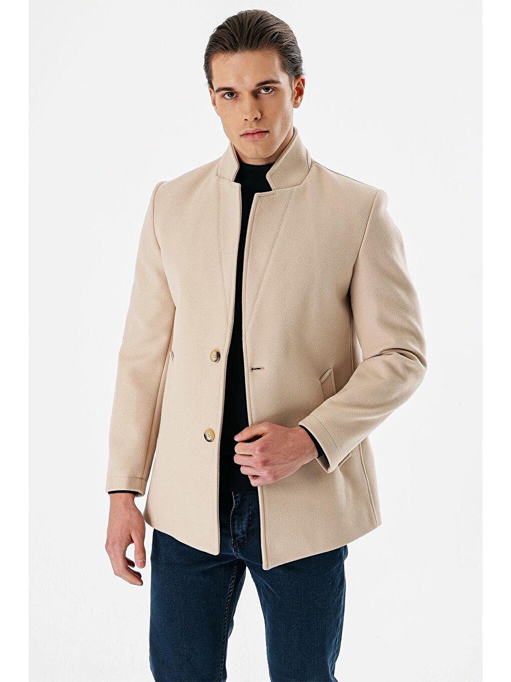 Açık Bej Kaşe Dik Yaka Astarlı Slim Fit Dar Kesim Casual Mont 1007235170