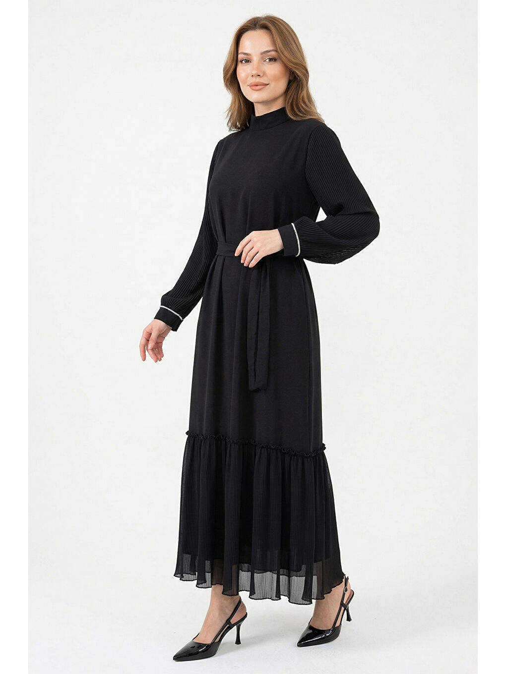 Pilise Detay Kuşaklı Elbise 5508 Siyah