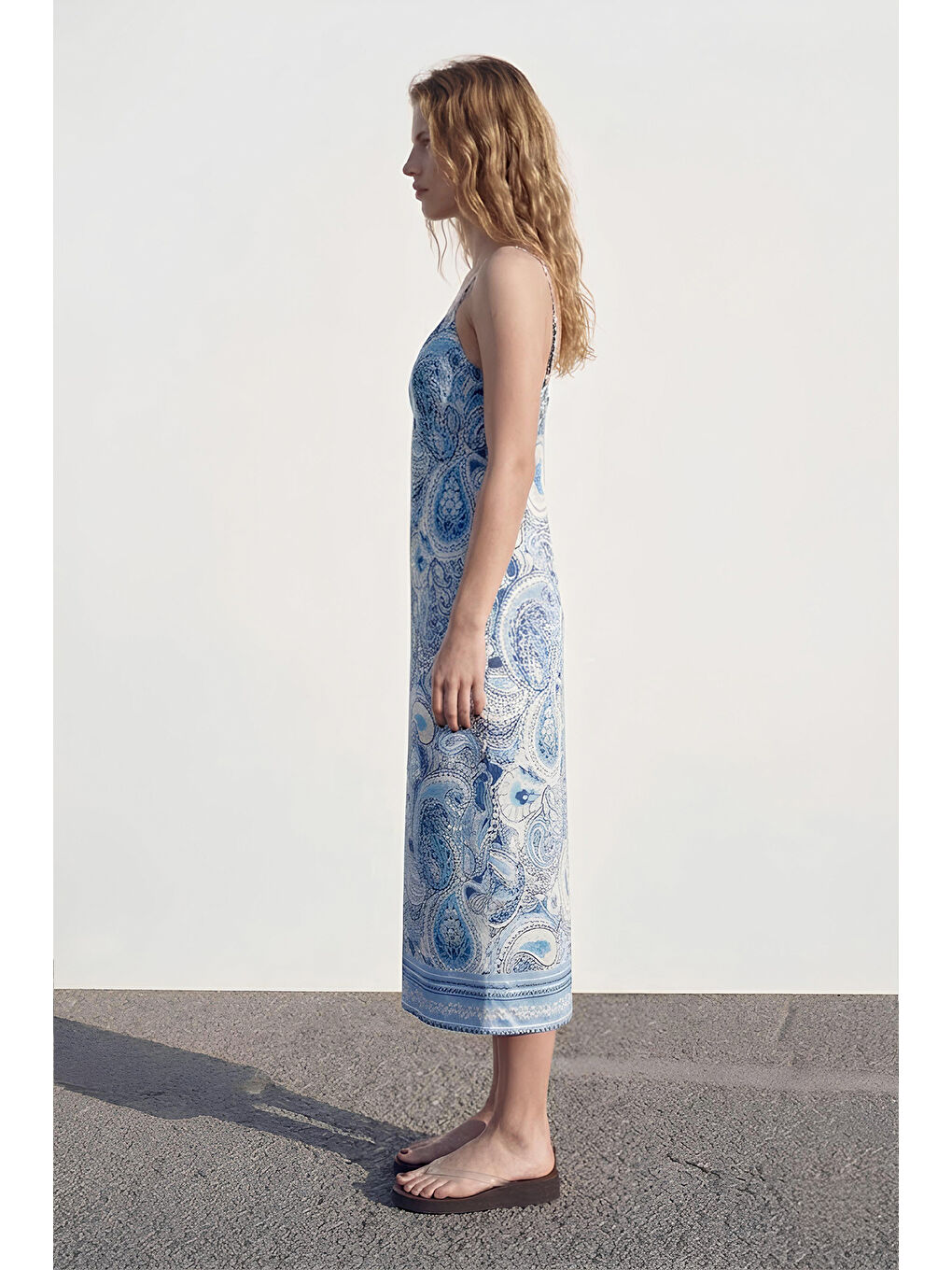 Düğümlü Şal Desenliı Midi Elbise Mavi-3