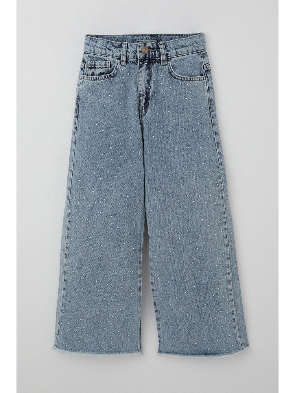 Kız Çocuk Jean Pantolon Taş Aksesuarlı Paça Kısmı Püskül Detaylı Açık Mavi (5-9 Yaş)