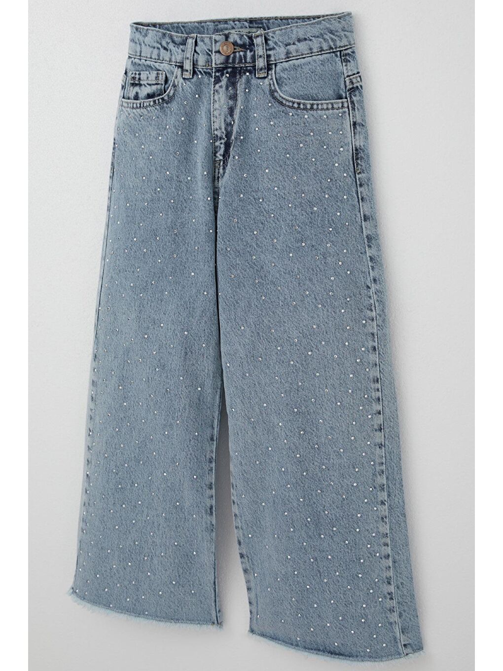 Kız Çocuk Jean Pantolon Taş Aksesuarlı Paça Kısmı Püskül Detaylı Açık Mavi (5-9 Yaş)-2