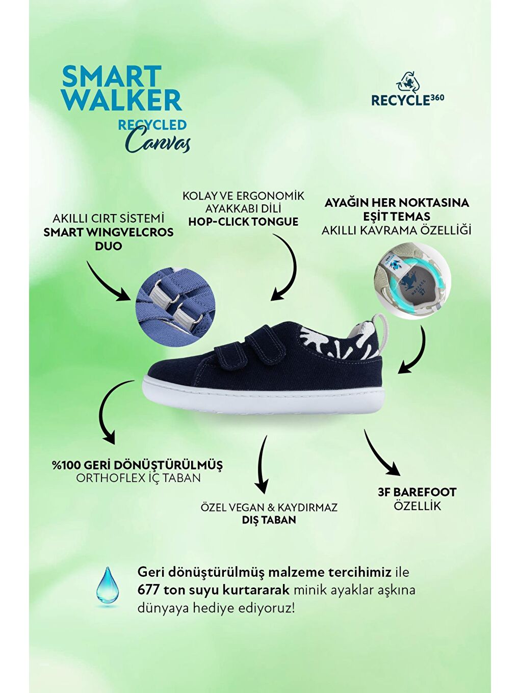 Smart Walker Recycled Canvas Eco Lacivert Barefoot Çocuk Ayakkabı-2