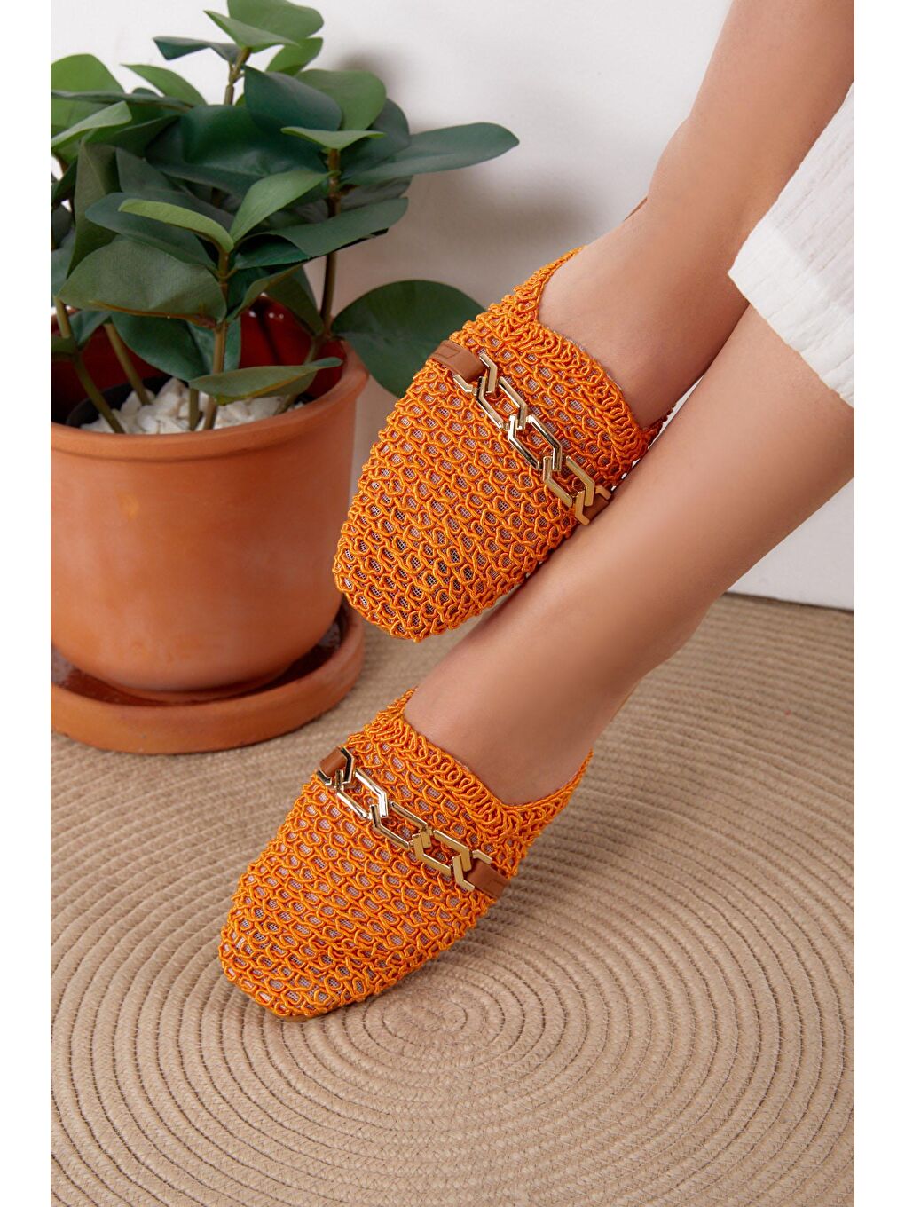 Kadın Turuncu Hasır Zincirli Terlik - 25534
